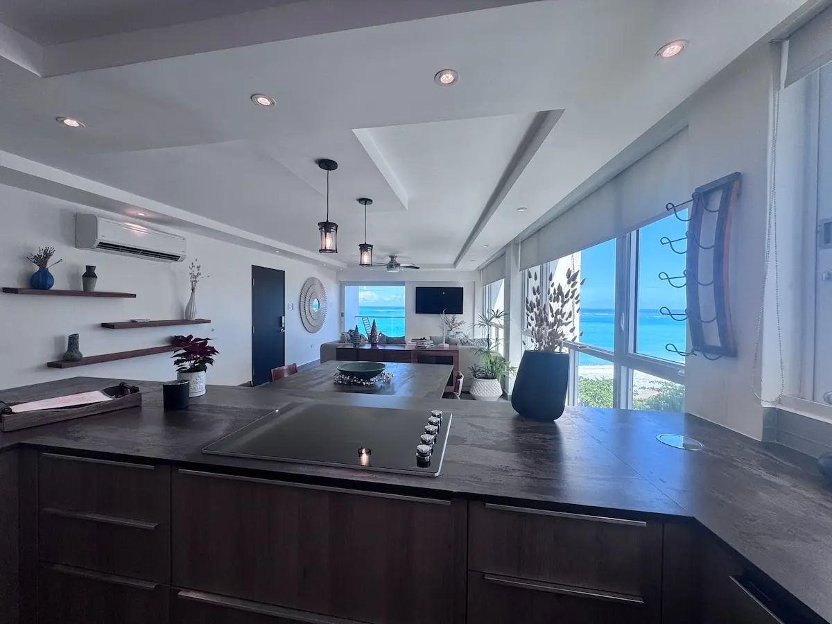 Galley kitchen with dark wood cabinets, a dark stone countertop and cooktop, three pendant lights, and floor to ceiling windows along the living area with the ocean beyond.